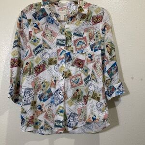 Chico linen postal stamp travel button up